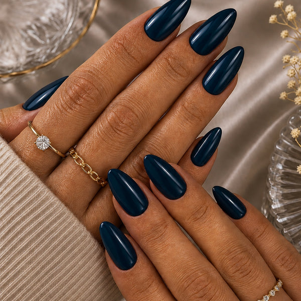 Solid Deep Navy Teal Almond Nails
