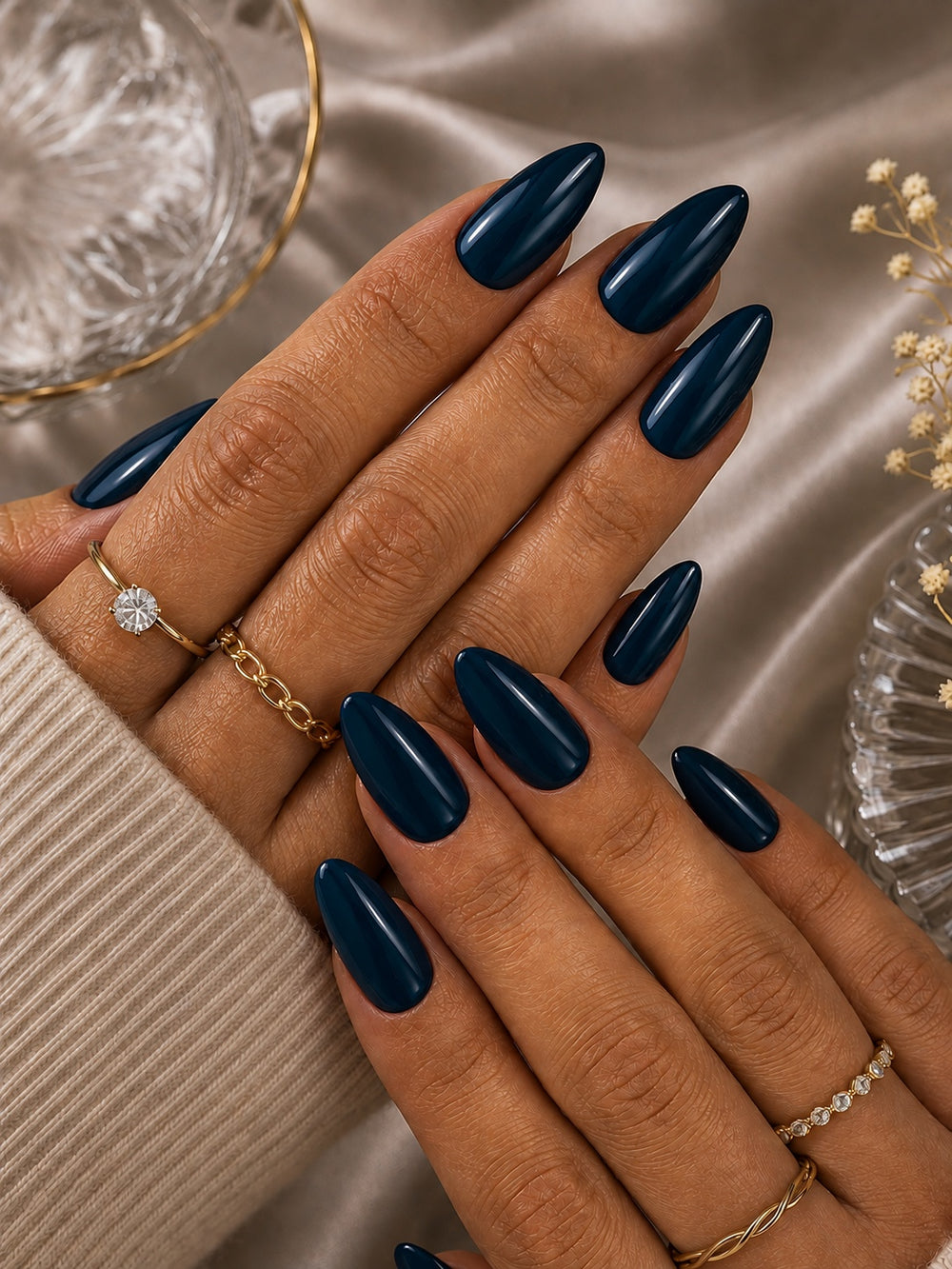 Solid Deep Navy Teal Almond Nails
