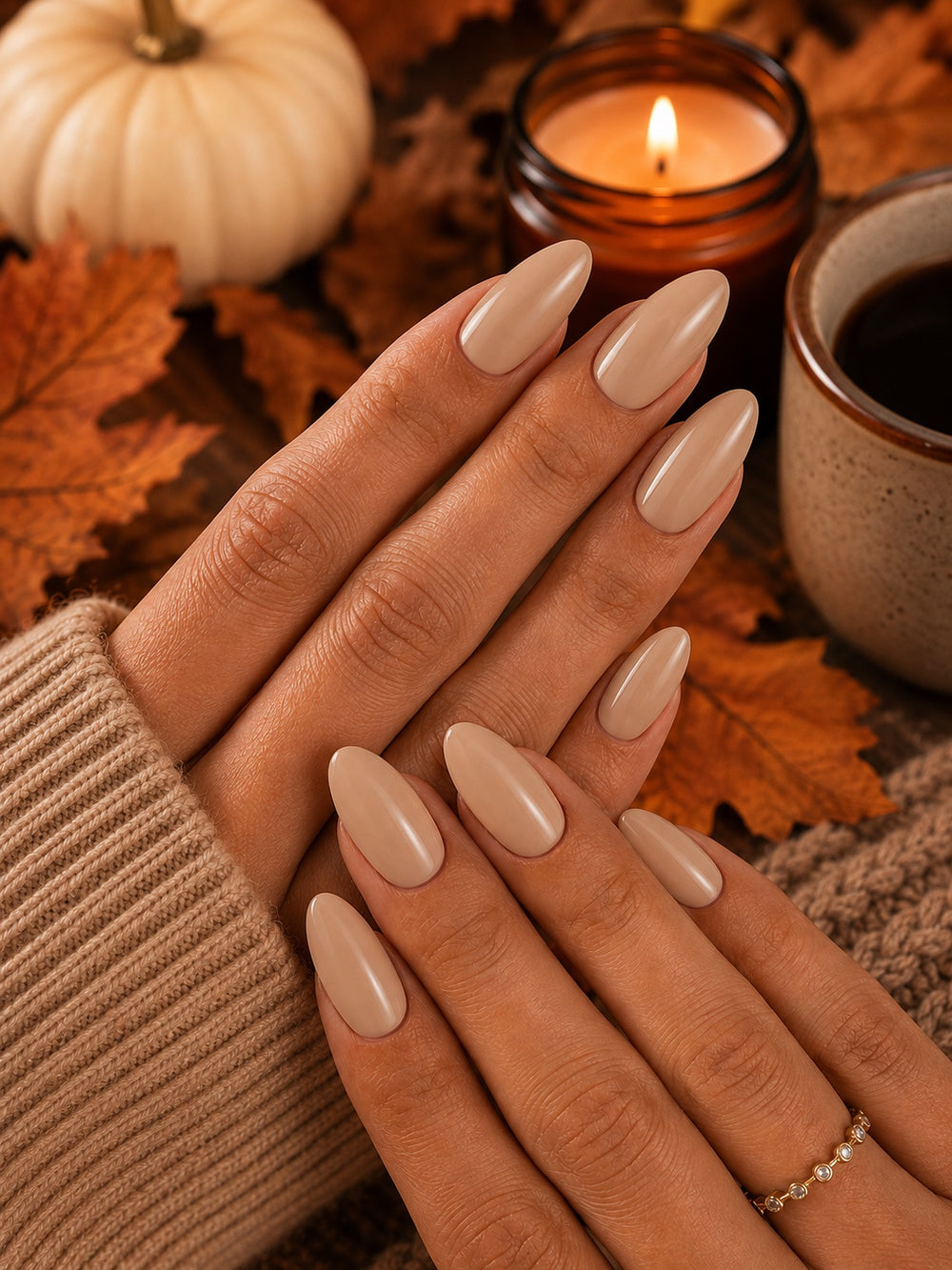 Solid Medium Beige Almond Nails
