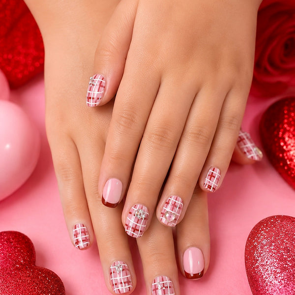 Pink Plaid with Hearts Children's Nails
