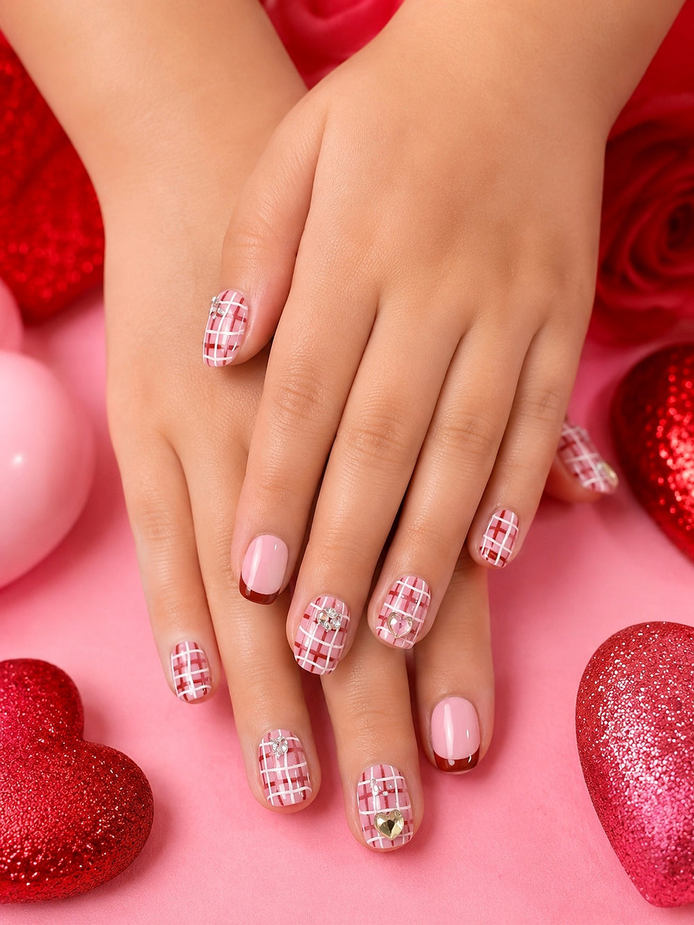 Pink Plaid with Hearts Children's Nails