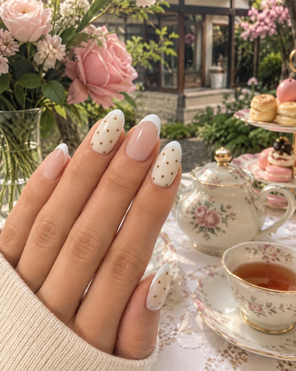 French with Polka Dot Almond Nails