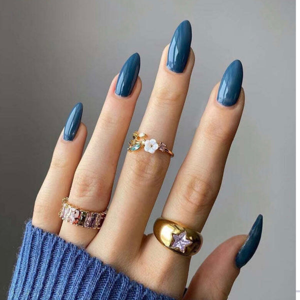 Solid Deep Navy Teal Almond Nails