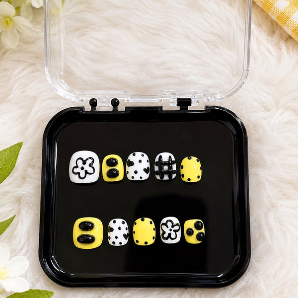 Yellow & Black Floral Children's Press-On Nails