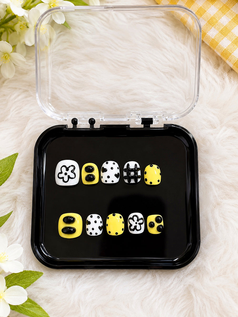 Yellow & Black Floral Children's Press-On Nails